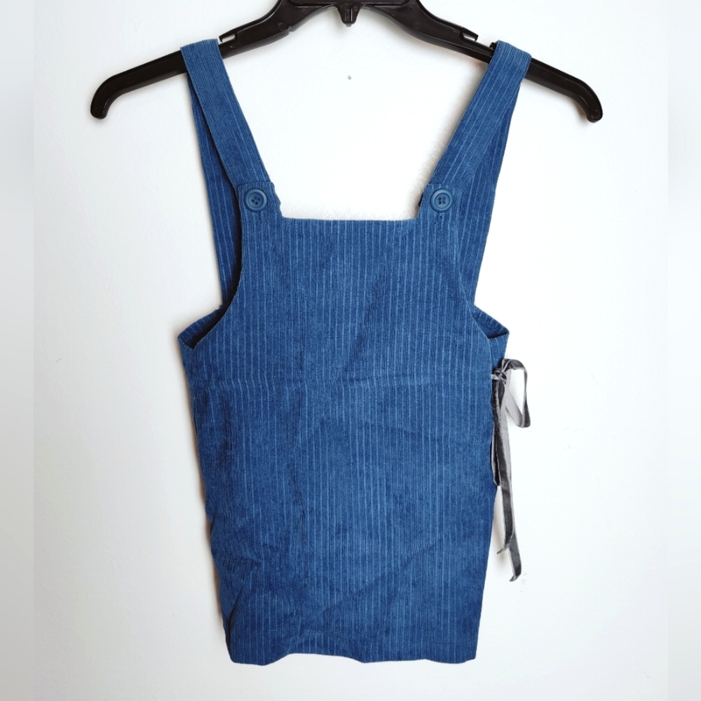 Miss MeMe Girls' Blue Corduroy Pinafore Apron Dress/Top Velvet Bow, Sz 3 (6-8Y)